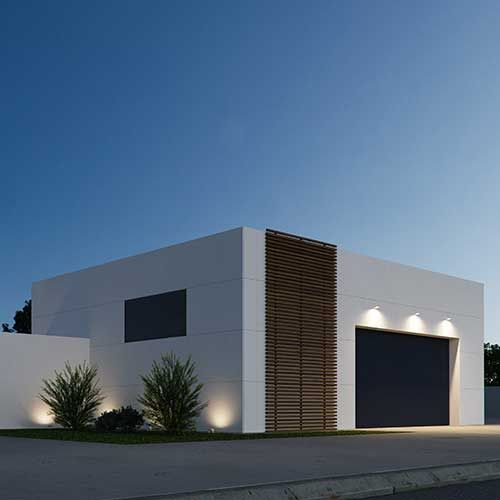 Photo ambiance maison individuelle moderne extérieur éclairé avec projecteur LED Beneito Faure