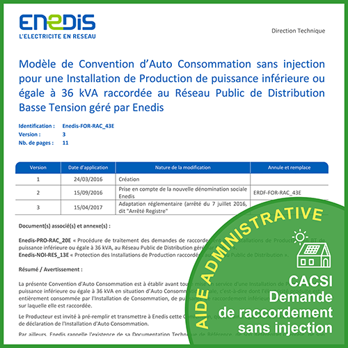 Aide administrative CACSI - Demande de raccordement sans injection (< 3 kWc)