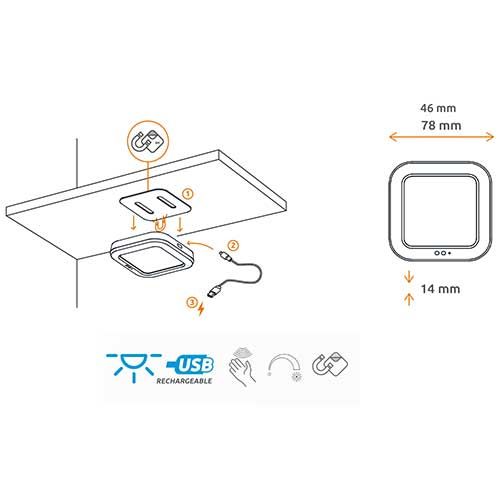 Réglette LED carré blanc GAO magnétique et rechargeable par USB - schéma d'installation avec dimensions