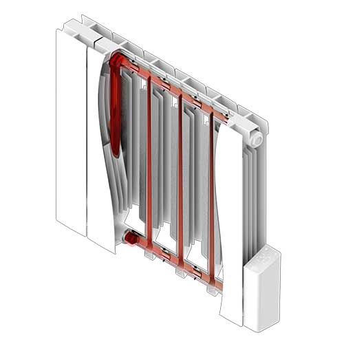Radiateur connecté à inertie fluide horizontal blanc 1000W HEATZY Shine - schéma corps aluminium