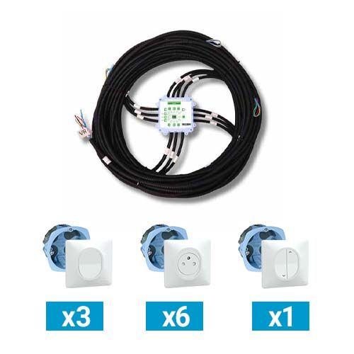 Kit pieuvre électrique universelle pour cuisine composée de 3 interrupteurs + 6 prises 2P+T + 1 interrupteur VR