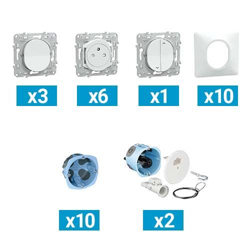 Kit pieuvre électrique universelle pour cuisine composée de 3 interrupteurs + 6 prises 2P+T + 1 interrupteur VR + 10 plaques simples + 10 boîtes d'encastrements + 2 DCL