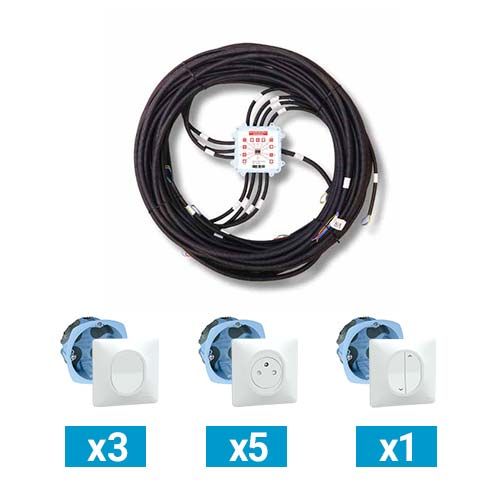 Kit Pieuvre électrique universelle KEO  pour salon et séjour - 3 interrupteurs + 5 prises 2P+T + 1 interrupteur VR