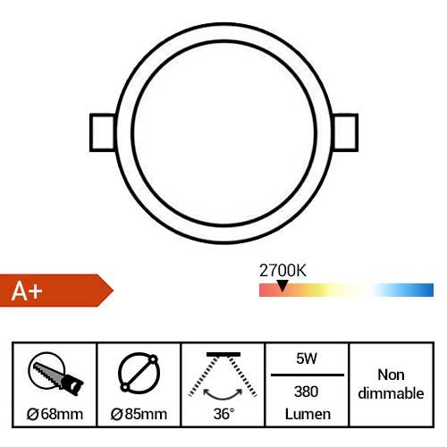 Arlux Spot LED encastrable GU10 230V 5W 380lm 2700K 85mm acier brossé - fiche technique