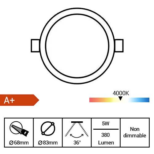 Spot LED Arlux encastrable et orientable GU10 230V 5W 380lm 4000K 83mm blanc - fiche technique