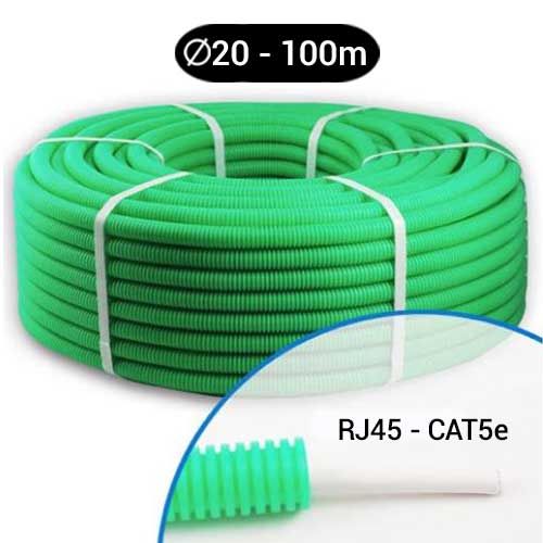 Gaine verte pré filée câble FTP 4P CAT5 100MHz  D20 - Couronne de 100m