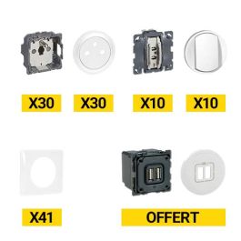 Pack composé par 123elec LEGRAND Céliane 30 prises + 10 va-et-vient + 41 plaques simples + 1 prise double USB avec enjoliveur blanc