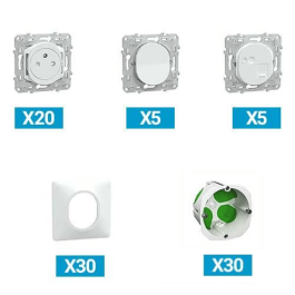 SCHNEIDER Ovalis ProBox 20 prises de courant + 5 interrupteurs va-et-vient + 5 prises RJ45 catégories 6 + 30 plaques simples + 30 boites d'encastrements