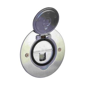 prise de sol ronde RJ45 Legrand Mosaic en inox brossé - volet ouvert