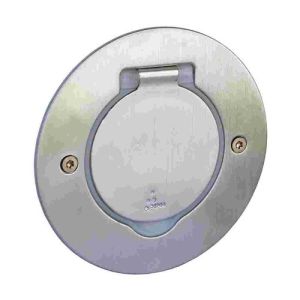 prise de sol ronde RJ45 Legrand Mosaic en inox brossé - volet fermé