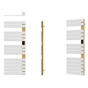 Sèche-serviettes électrique 750W lames plates blanches et finition bois Sigma Batilec - vue sous tous les angles + fixation murale