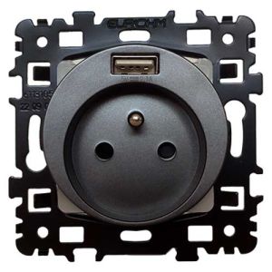 Prise de courant anthracite Eurohm Square avec port USB de type A - vue de face