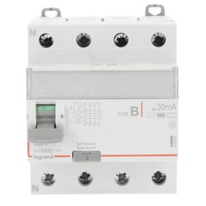 Interrupteur différentiel tétrapolaire 63A 30mA type B 4 modules 400V Legrand DX3 - vue de face