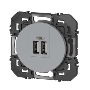 Double prise USB Type-A Legrand Dooxie finition alu - vue de profil