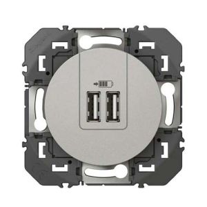 Double prise USB Type-A Legrand Dooxie finition alu - vue de face