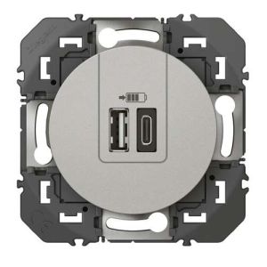 Double prise USB type A+C Legrand Dooxie coloris alu - vue de face