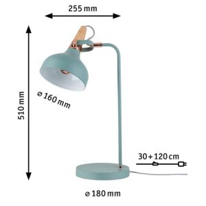 Dimensions lampe à poser Neordic Juna de Paulmann finition vert, bois et cuivré