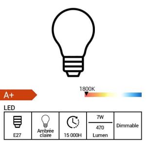 PHILIPS Vintage Ampoule LED filament dimmable E27 230V 6,5W(=40W) 470lm 2000K Giant or - fiche technique