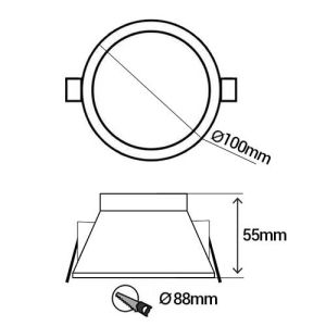 Support de spot basse luminance rond fixe 100mm avec douille GU10 automatique blanc - schéma avec dimensions
