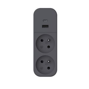 QUARX Multiprise murale Biplite 2 prises 2P+T 16A anthracite avec prise USB A et C - vue de face