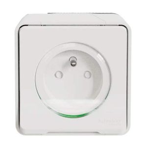 Face avant de la prise complète 2P+T blanche étanche, IP55, de la gamme Schneider Mureva Styl