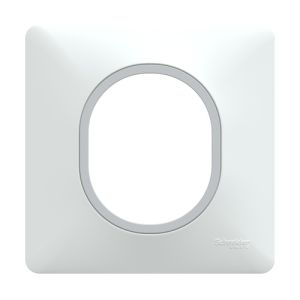 Plaque de finition Schneider Ovalis 1 poste blanc avec bague effet argent chromé - vue de face