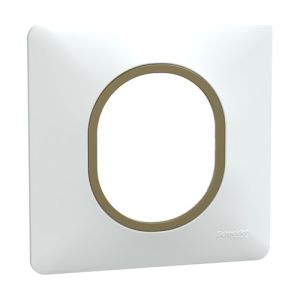 Plaque de finition 1 poste Schneider Ovalis blanc liseré laiton - vue de profil