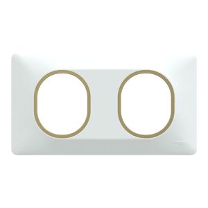 plaque de finition 2 postes Schneider Ovalis blanche avec bague en laiton - vue de face