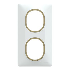 plaque de finition 2 postes vertical Schneider Ovalis blanc bague effet laiton - vue de face