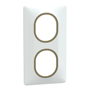 plaque de finition 2 postes vertical Schneider Ovalis blanc bague effet laiton - vue de profil