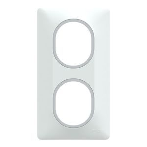 plaque de finition verticale 2 postes Schneider Ovalis blanc avec bague argent - vue de face
