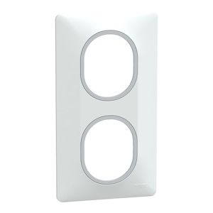 plaque de finition verticale 2 postes Schneider Ovalis blanc avec bague argent - vue de profil