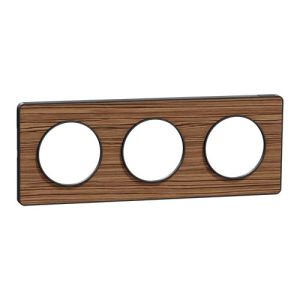plaque 3 postes Schneider Odace Touch finition bois zebrano avec liseré anthracite - vue de face