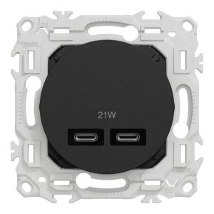 Prise double USB type C Schneider Odace noir - vue de face