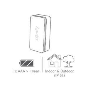 Ce détecteur de vibration Somfy fonctionne sur pile AAA avec une autonomie de 1 an. Il dispose également d'un indice de protection IP54, pour une installation intérieure ou extérieure