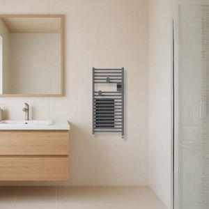 Sèche serviettes connecté étroit avec soufflerie Thermor Riva 5 1300W gris menhir - photo salle de bain