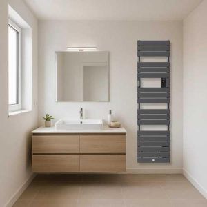 Sèche serviette électrique étroit avec soufflerie Thermor Riviera 2 1500W gris menhir - photo ambiance salle de bain