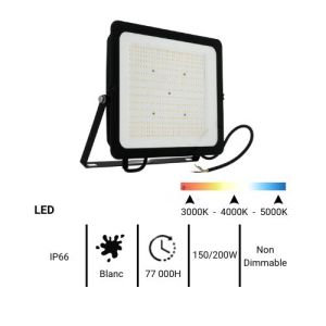Projecteur extérieur LED extra plat TCIAO 230V 150W/200W 16500lm à 21800lm 3CCT noir réf.TLS8043 - fiche technique