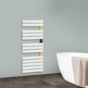 Sèche-serviettes électrique 750W lames plates blanches et finition bois Sigma Batilec - photo ambiance salle de bain