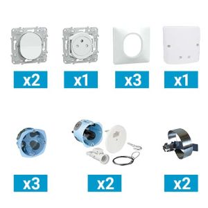 Kit pieuvre électrique universelle KEO pour salle de bain - avec 2 interrupteurs + 1 prises 2P+T + 1 sortie de câble + 3 plaques simples + 3 boîtes d'encastrement + 2 DCL