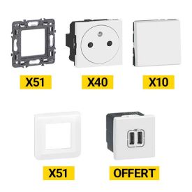 LEGRAND Mosaic Cube 51 Plaque simple + 51 Support + 40 prises + 10 VV + 1 prise USB-A blanc