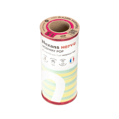 Bobine de 100m de fil électrique rigide H07VU vert/jaune 1,5mm² Nexans Mobiway Pop