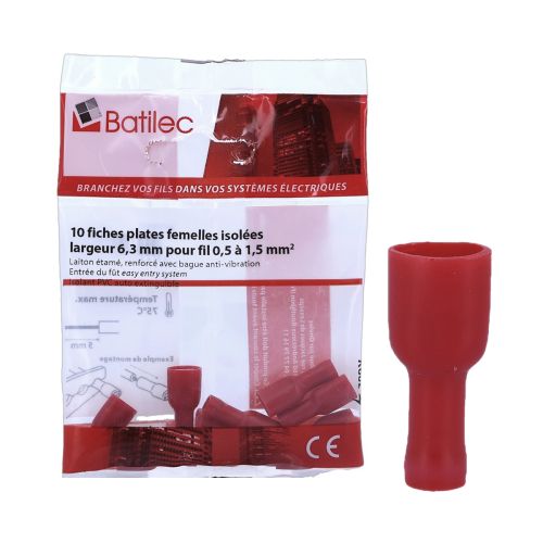 Cosses plates femelles isolées rouges BATILEC 0,25 à 1,5 mm²- Lot de 10