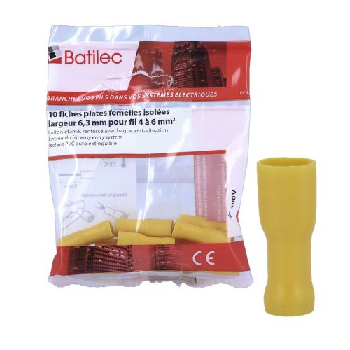 Fiches plates femelles isolées BATILEC jaunes 4 à 6 mm² - Lot de 10