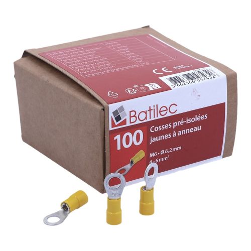 Cosses préisolées rondes jaunes BATILEC 4 à 6 mm² diamètre 6 mm - Boîte de 100