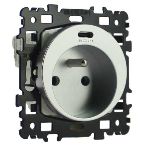 Prise de courant 2P+T + USB Type C coloris silver Eurohm Square