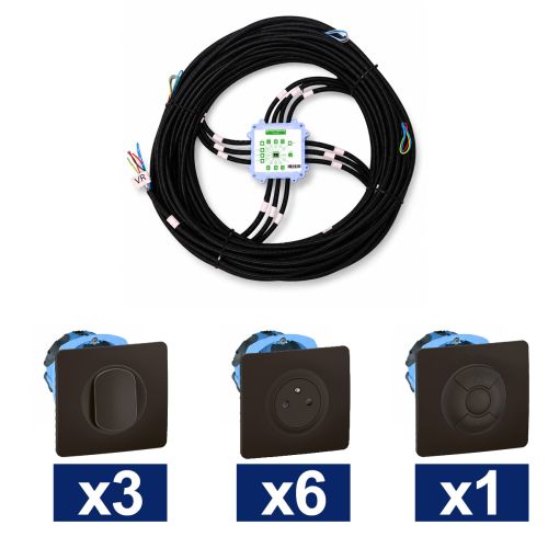 KEO Kit pieuvre électrique cuisine avec appareillage LEGRAND Céliane noir - 3 interrupteurs + 6 prises 2P+T + 1 volet roulant + 2 DCL