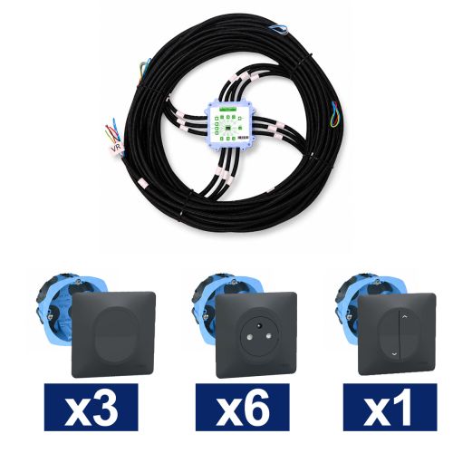 KEO Kit pieuvre électrique cuisine avec appareillage SCHNEIDER Ovalis anthracite - 3 interrupteurs + 6 prises 2P+T + 1 volet roulant + 2 DCL