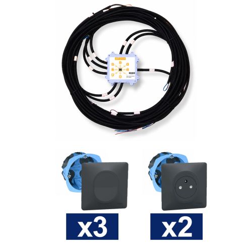 KEO Kit pieuvre électrique dégagement, WC et cellier avec appareillage SCHNEIDER Ovalis anthracite - 3 interrupteurs + 2 prises 2P+T + 2 DCL