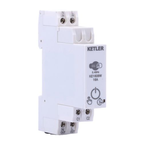 Ketler Compteur dénergie Wi-Fi 16A monophasé, vue de trois quarts avant, face de commande et borniers visibles.